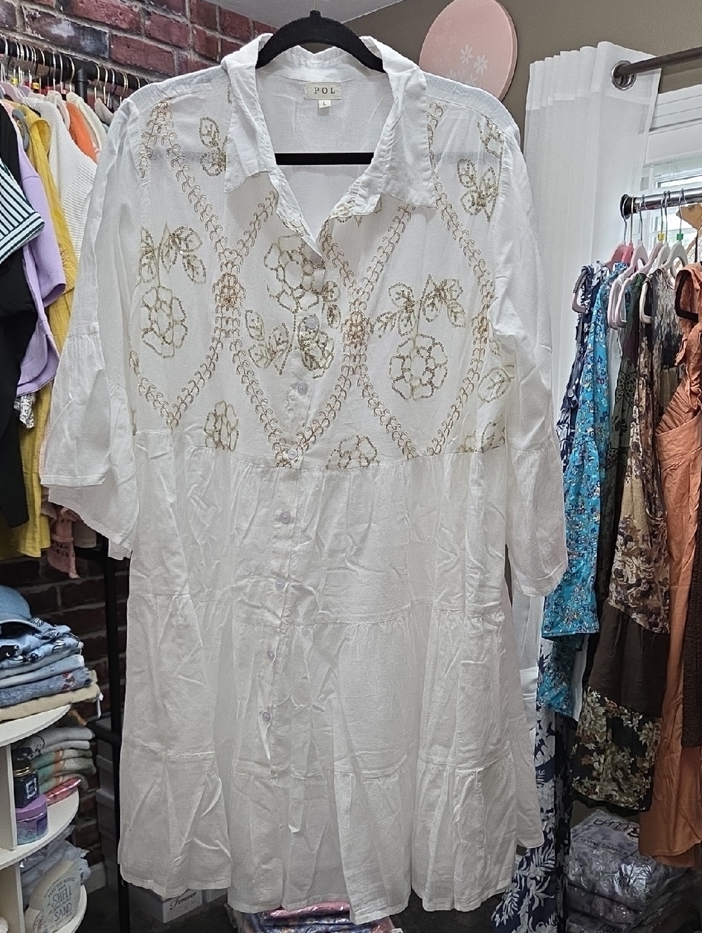 POL White Lightweight Button-Front Shirt/tunic Dress